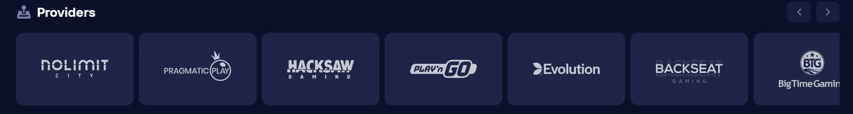 Duel Casino-softwareleveranciers strippen: Nolimit City, Pragmatic Play, Hacksaw Gaming, Play'n GO, Evolution Gaming, Backseat Gaming, Big Time Gaming.