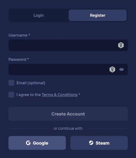 Duel Casino registratieformulier — maak een account aan met gebruikersnaam en wachtwoord, of ga verder met Google of Steam.